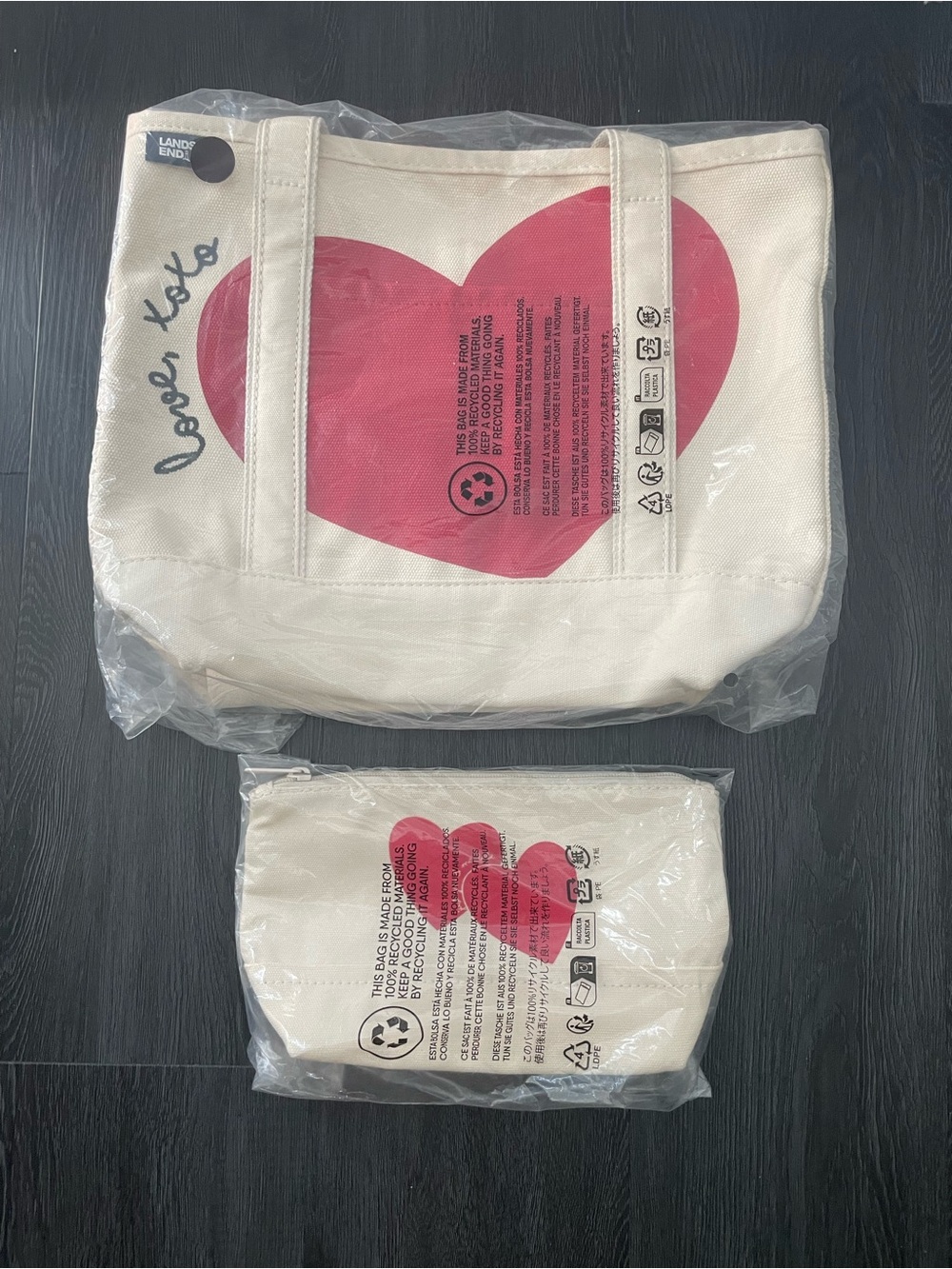 LANDS' END Medium Cream Tote Bag and Zipper Canvas Pouch with Red Heart